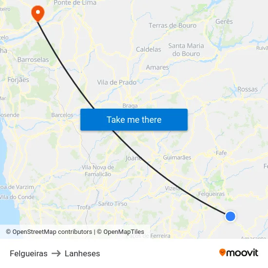 Felgueiras to Lanheses map