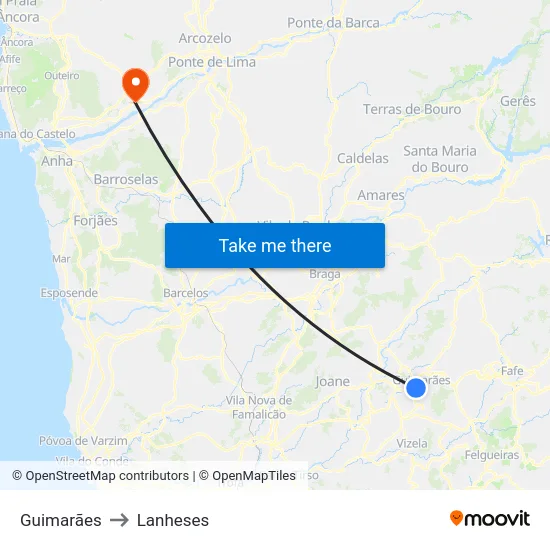 Guimarães to Lanheses map