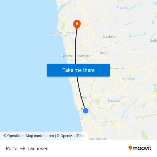Porto to Lanheses map