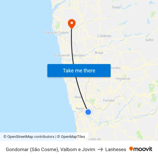 Gondomar (São Cosme), Valbom e Jovim to Lanheses map