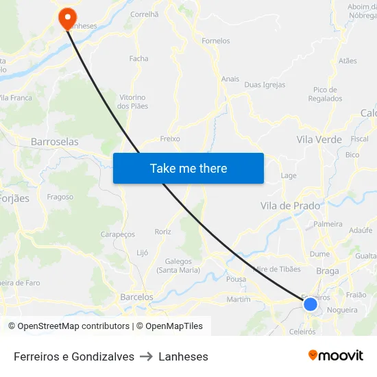 Ferreiros e Gondizalves to Lanheses map