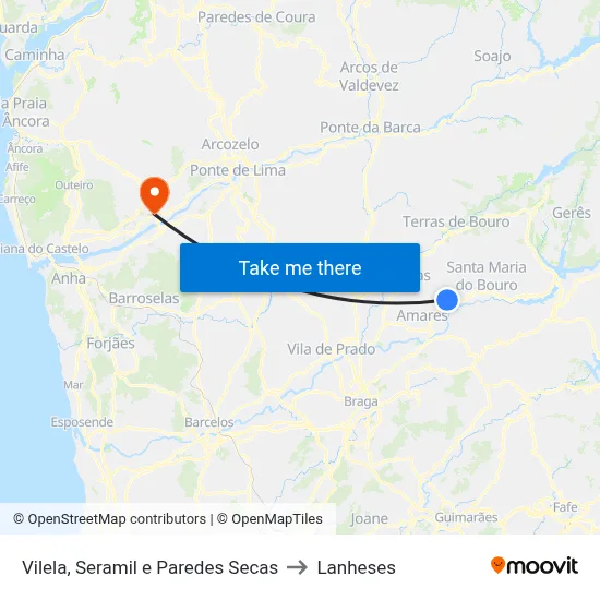 Vilela, Seramil e Paredes Secas to Lanheses map