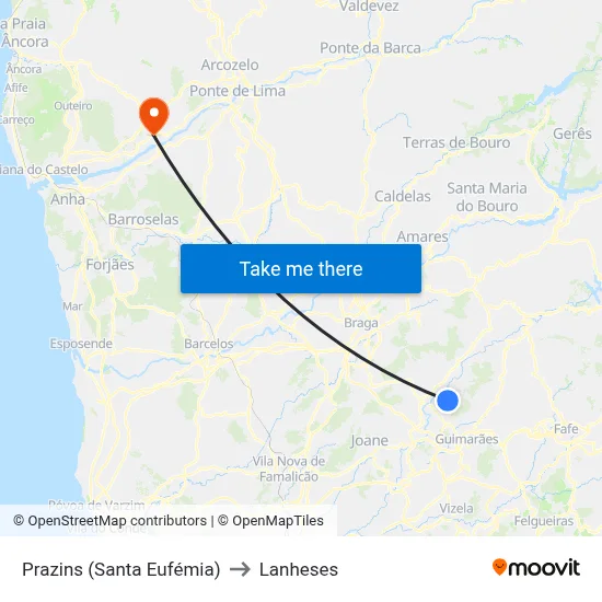 Prazins (Santa Eufémia) to Lanheses map