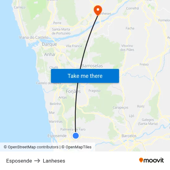 Esposende to Lanheses map