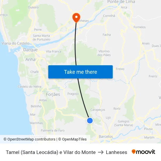 Tamel (Santa Leocádia) e Vilar do Monte to Lanheses map