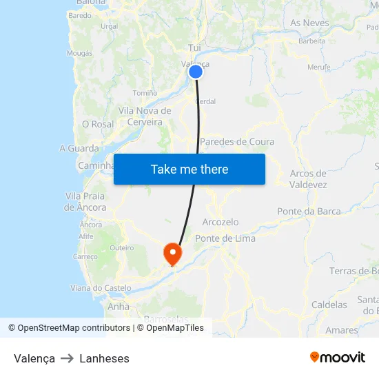 Valença to Lanheses map