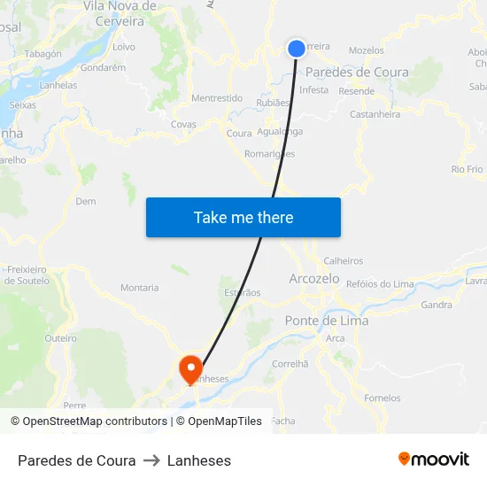 Paredes de Coura to Lanheses map