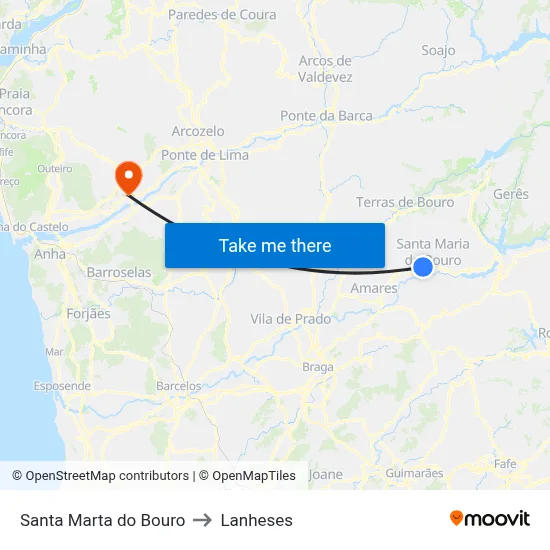 Santa Marta do Bouro to Lanheses map