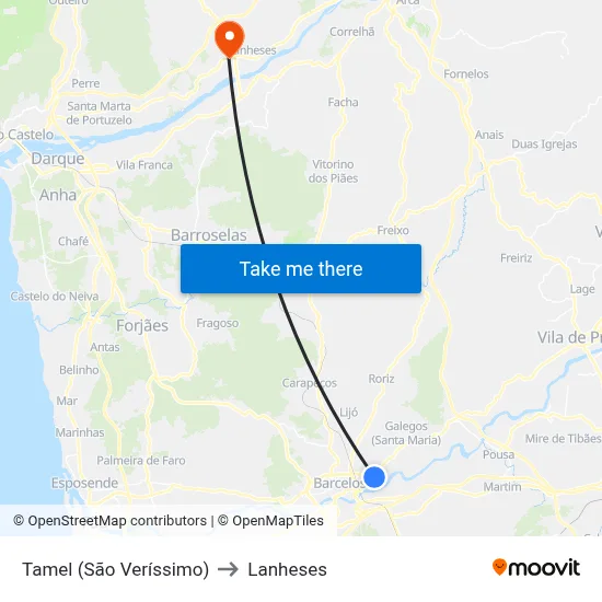 Tamel (São Veríssimo) to Lanheses map