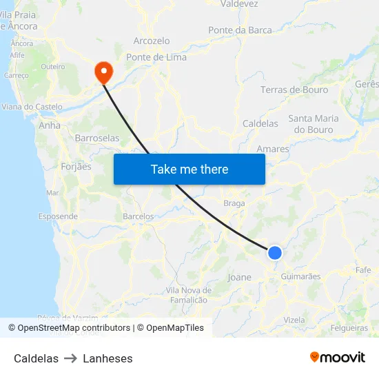 Caldelas to Lanheses map