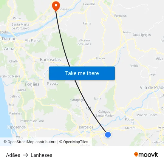 Adães to Lanheses map