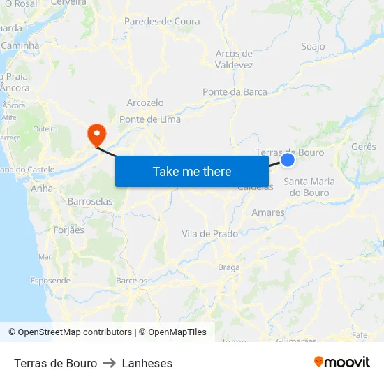 Terras de Bouro to Lanheses map