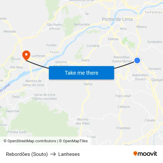Rebordões (Souto) to Lanheses map
