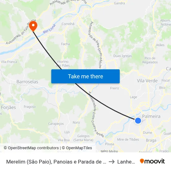 Merelim (São Paio), Panoias e Parada de Tibães to Lanheses map