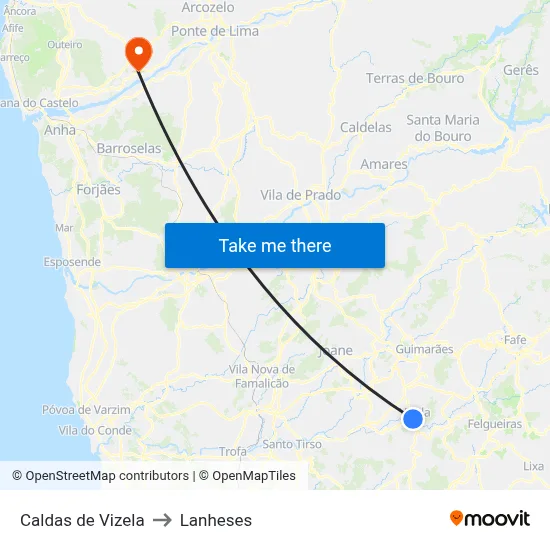 Caldas de Vizela to Lanheses map