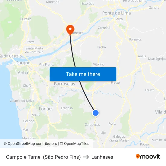 Campo e Tamel (São Pedro Fins) to Lanheses map
