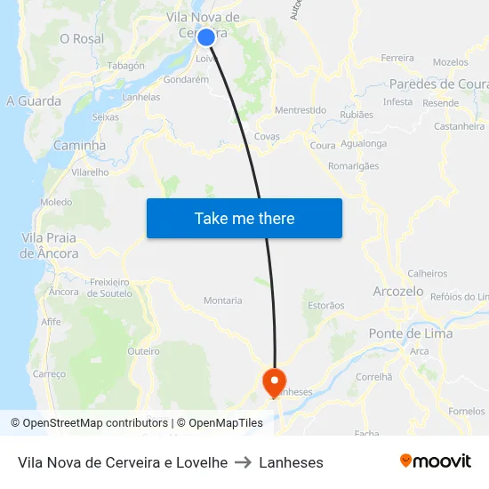 Vila Nova de Cerveira e Lovelhe to Lanheses map