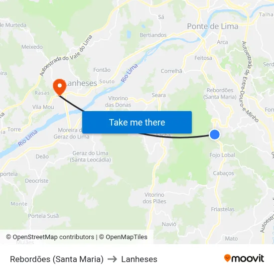 Rebordões (Santa Maria) to Lanheses map