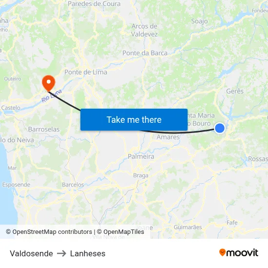 Valdosende to Lanheses map