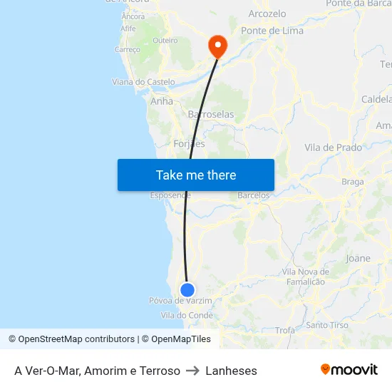 A Ver-O-Mar, Amorim e Terroso to Lanheses map