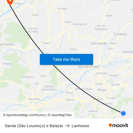 Sande (São Lourenço) e Balazar to Lanheses map