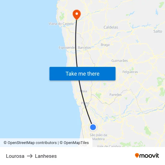 Lourosa to Lanheses map