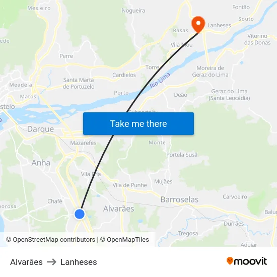 Alvarães to Lanheses map