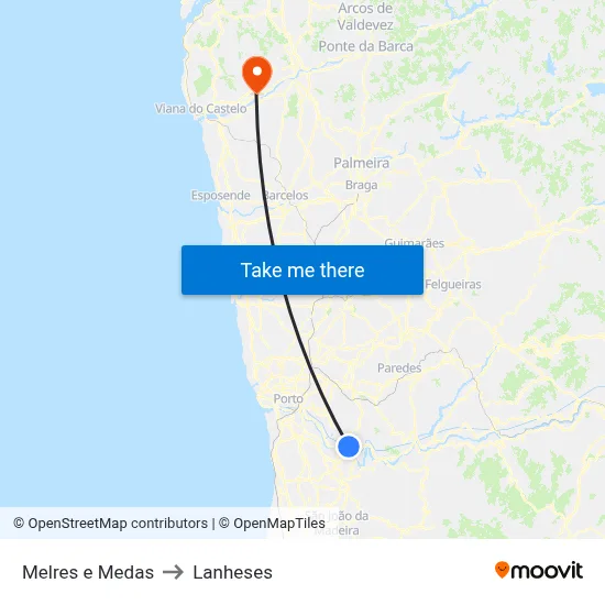 Melres e Medas to Lanheses map