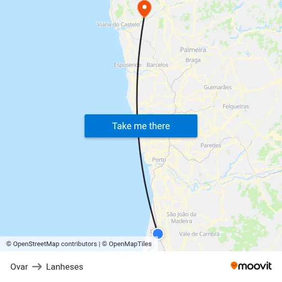 Ovar to Lanheses map