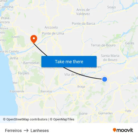Ferreiros to Lanheses map