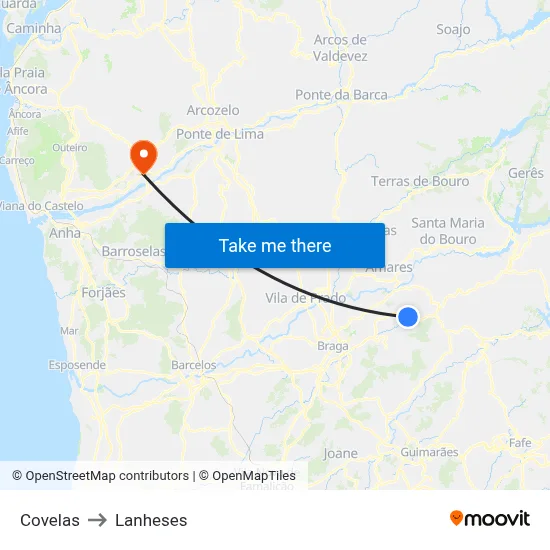 Covelas to Lanheses map