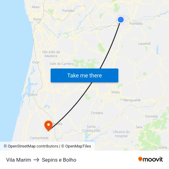 Vila Marim to Sepins e Bolho map
