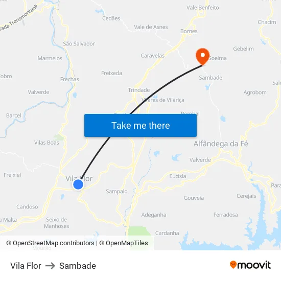 Vila Flor to Sambade map