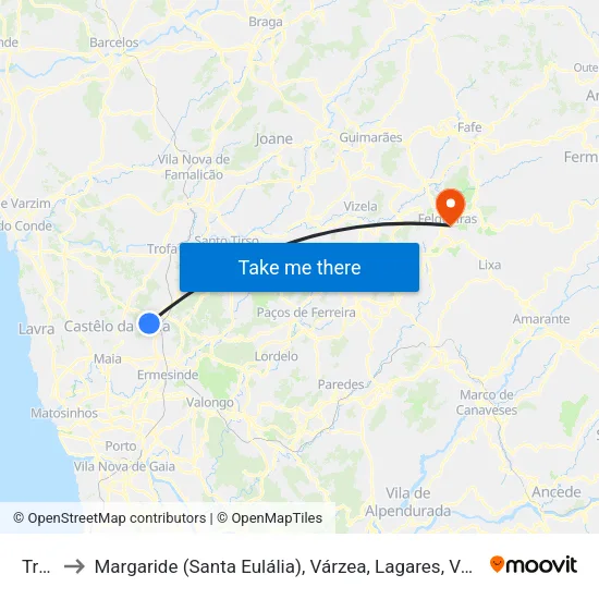 Trofa to Margaride (Santa Eulália), Várzea, Lagares, Varziela e Moure map