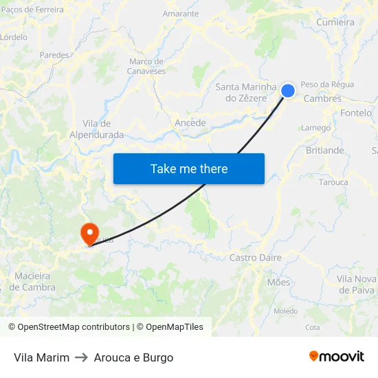 Vila Marim to Arouca e Burgo map