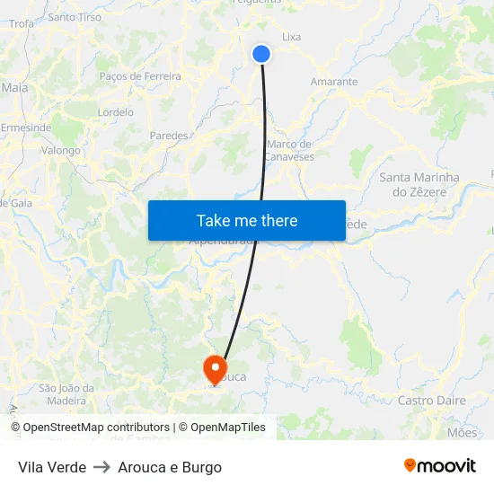 Vila Verde to Arouca e Burgo map
