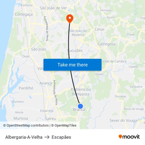 Albergaria-A-Velha to Escapães map
