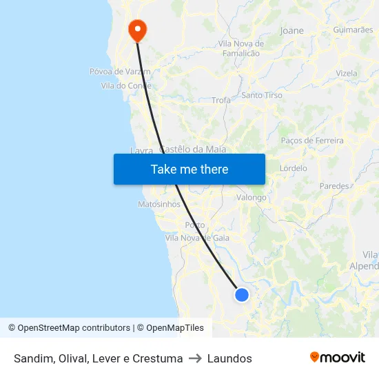 Sandim, Olival, Lever e Crestuma to Laundos map