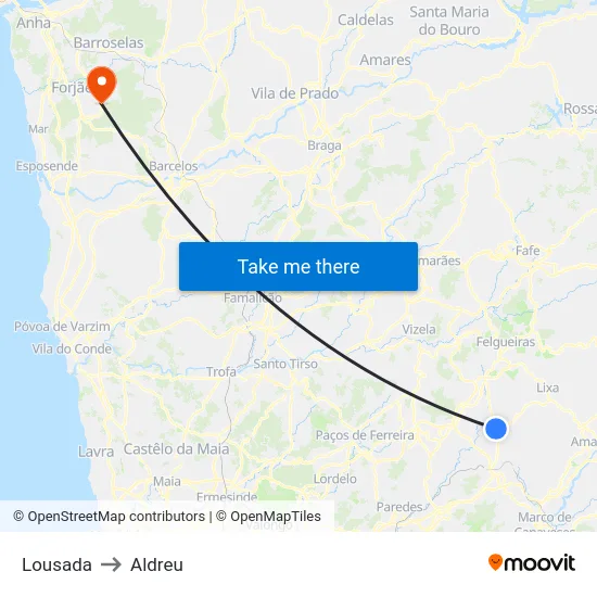 Lousada to Aldreu map