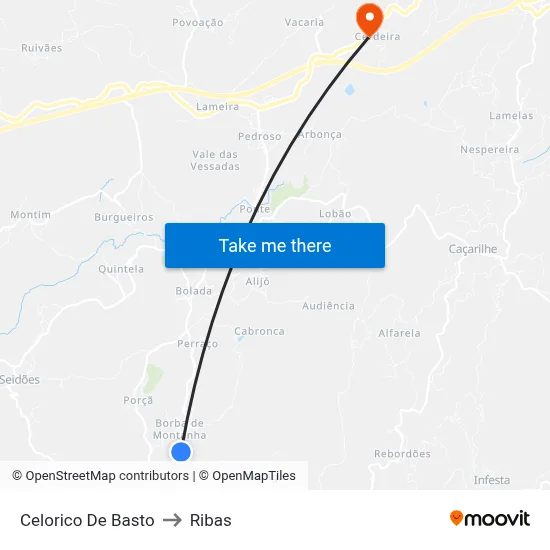 Celorico De Basto to Ribas map