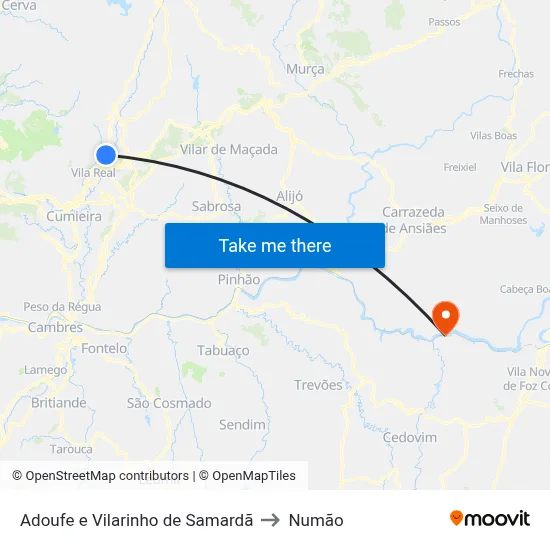 Adoufe e Vilarinho de Samardã to Numão map