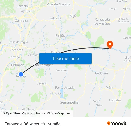 Tarouca e Dálvares to Numão map