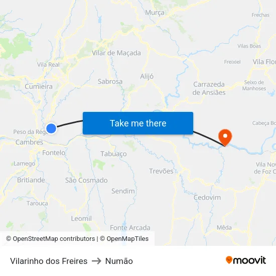 Vilarinho dos Freires to Numão map