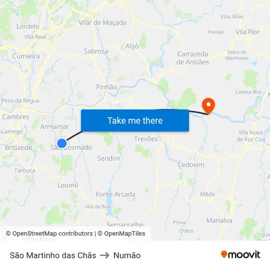 São Martinho das Chãs to Numão map