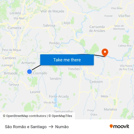 São Romão e Santiago to Numão map