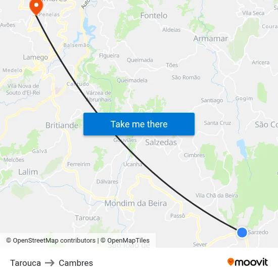 Tarouca to Cambres map