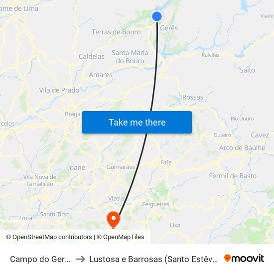 Campo do Gerês to Lustosa e Barrosas (Santo Estêvão) map