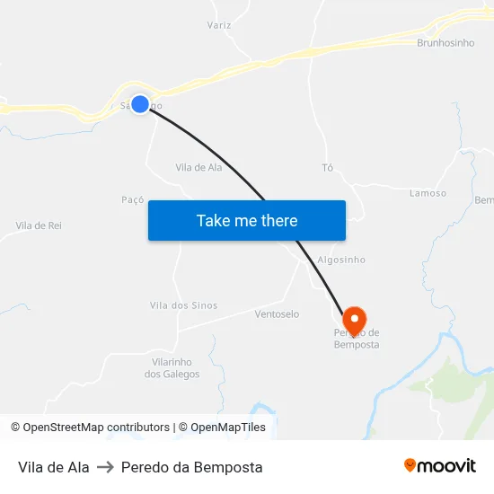 Vila de Ala to Peredo da Bemposta map