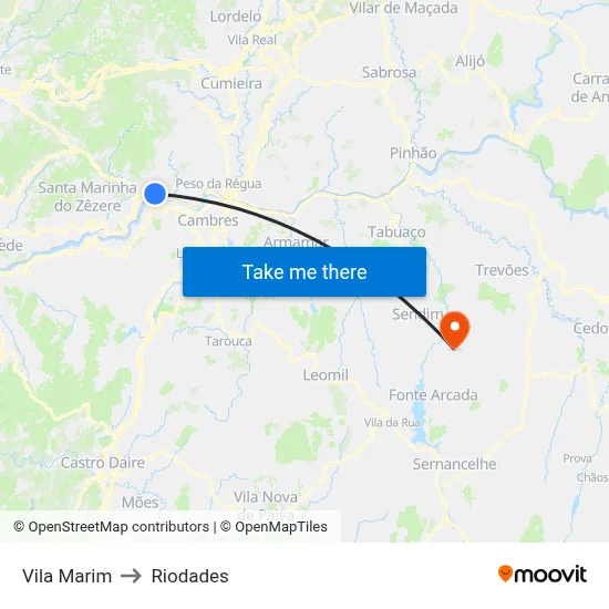 Vila Marim to Riodades map