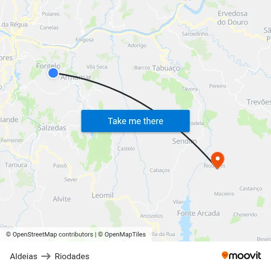 Aldeias to Riodades map